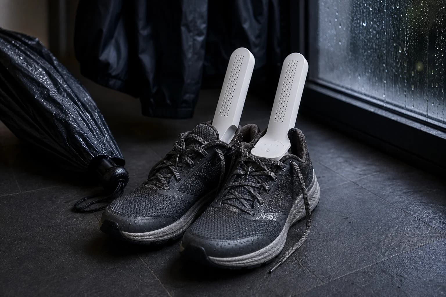 Shoe dryer drying wet trainers in a hallway